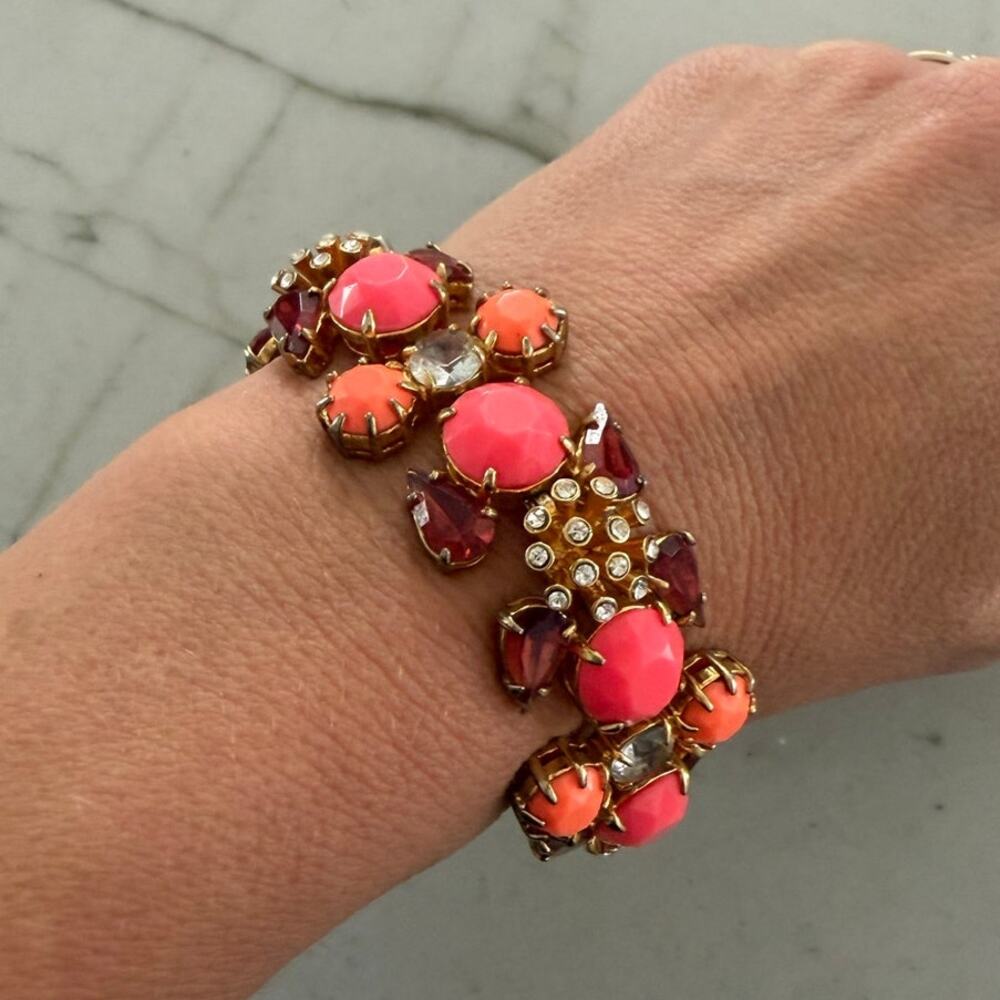 J.Crew Statement Bracelet Pink Coral Burgundy Rhinestone Gold Tone Vintage
